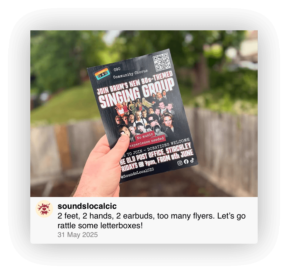 A social image post with Mark's hand holding a flyer; the text of the post reads "2 feet, 2 hands, 2 earbuds, too many flyers. Let’s go rattle some letterboxes!" and is from May 31, 2025